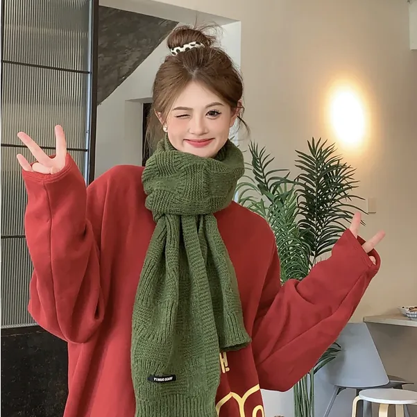 【陈大刘芒】纯色绿色百搭毛线针织围巾女冬季圣诞红色女保暖围脖