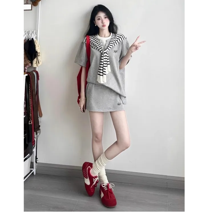 韩系慵懒风运动服套装女夏季宽松时尚假两件短袖短裙休闲两件套