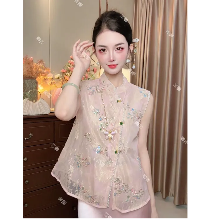 夏季新款晶奢新中式亮片钉珠高级感无袖重工百搭马甲套装【冰琉璃】