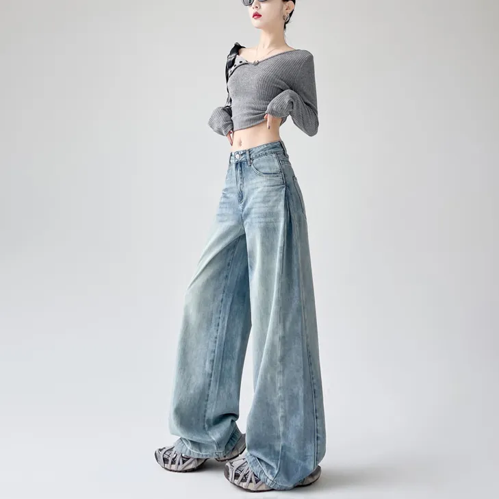 高腰宽松水洗牛仔裤女显瘦垂感直筒裤拖地裤阔腿裤长裤子蓝色长裤