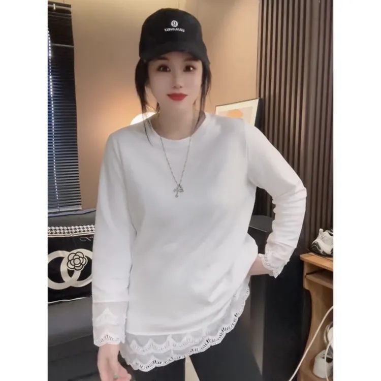 欧货2025秋季新款下摆双层蕾丝花边T恤女宽松开叉中长款白色小衫