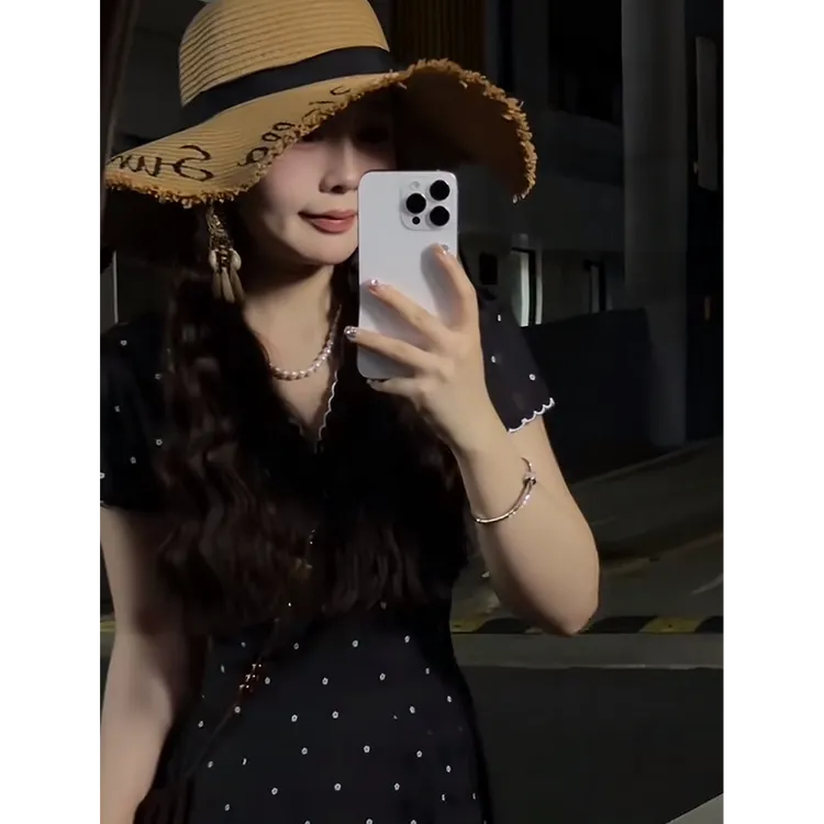 夏季法式墨点星芒连衣裙碎花常规显瘦小众黑色长裙