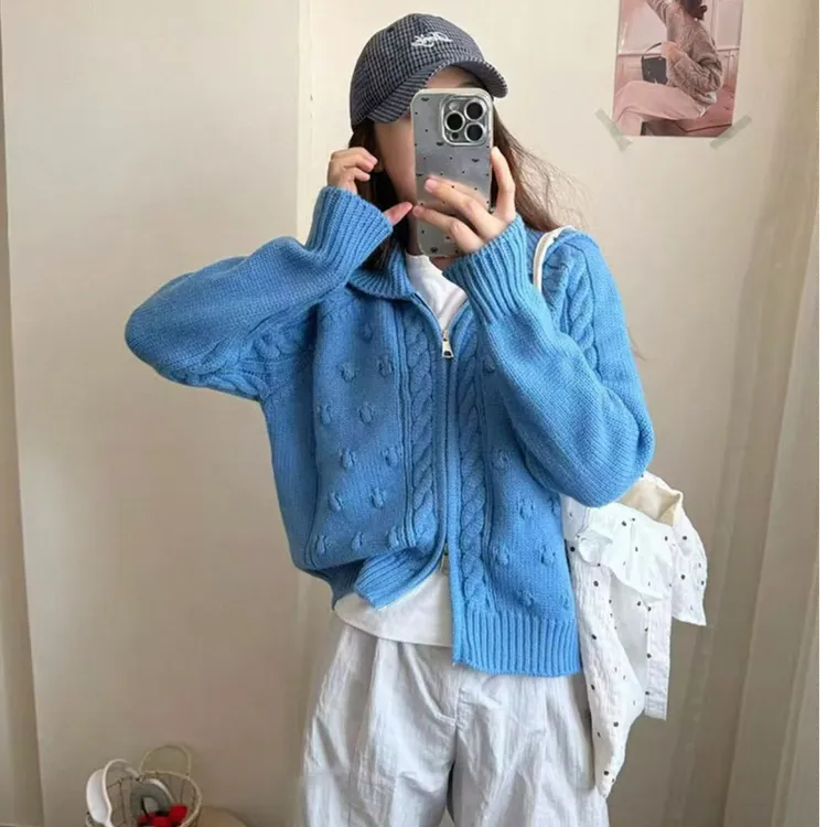 复古麻花针织毛衣女秋季韩版宽松慵懒长袖上衣小个子拉链开衫外套