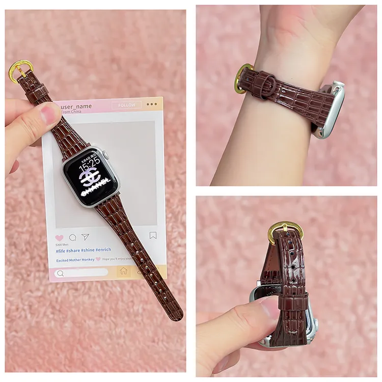 适用苹果iwatch11S10/9/8/7UltraSE小蛮腰鳄鱼纹轻奢时尚真皮表带