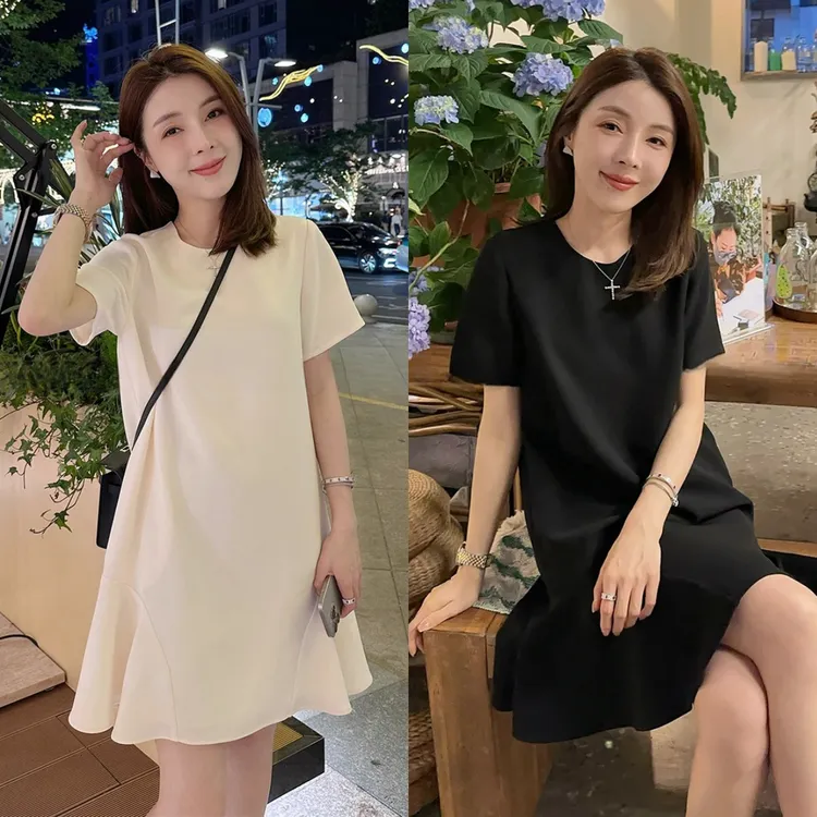 法式赫本风荷叶边短袖连衣裙女2025夏季小香风休闲气质显瘦鱼尾裙