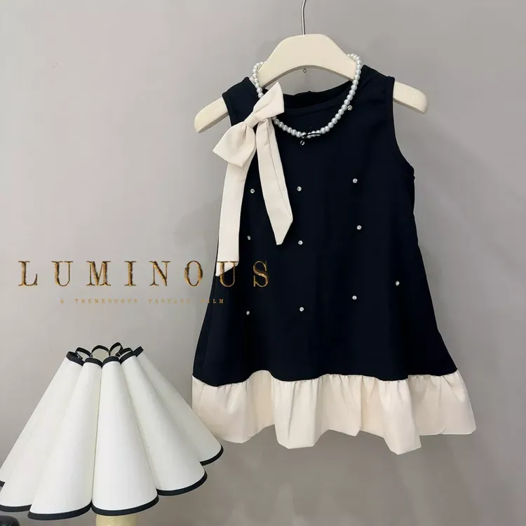 女童夏季无袖钉珠黑色礼服小香风公主连衣裙90-160可爱简约小清新