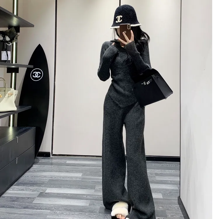 复古气质针织套装气质长袖开衫上衣女秋季高腰阔腿裤时尚两件套装