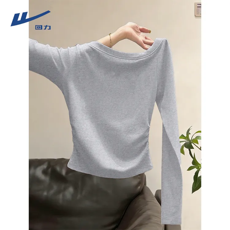 回力灰色一字肩女2026春夏新款爆款小个子修身内搭打底衫短款上衣