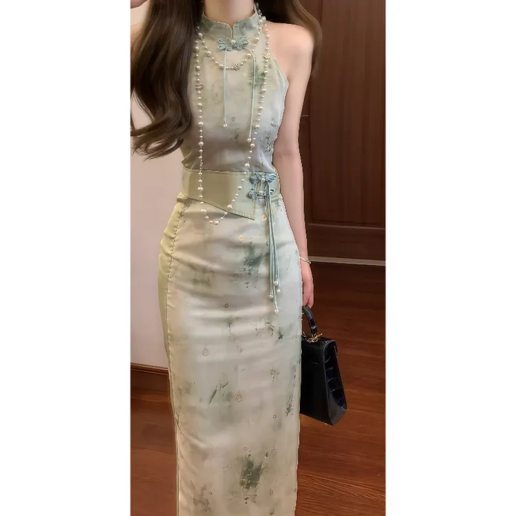 新中式国风绝美挂脖改良旗袍连衣裙水墨晕染修身腰封长裙9505