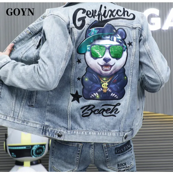 GOYN夏季时尚百搭新款男装轻奢潮牌宽松男士刺绣翻领休闲牛仔外套