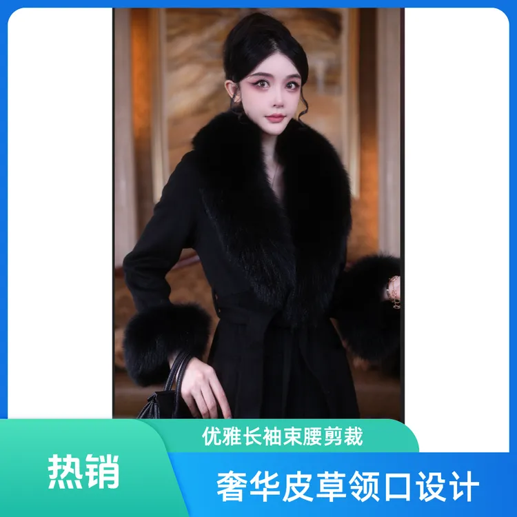 【娜塔莎严选】经典黑色超大狐狸毛领双面羊毛大衣修身显瘦加长款