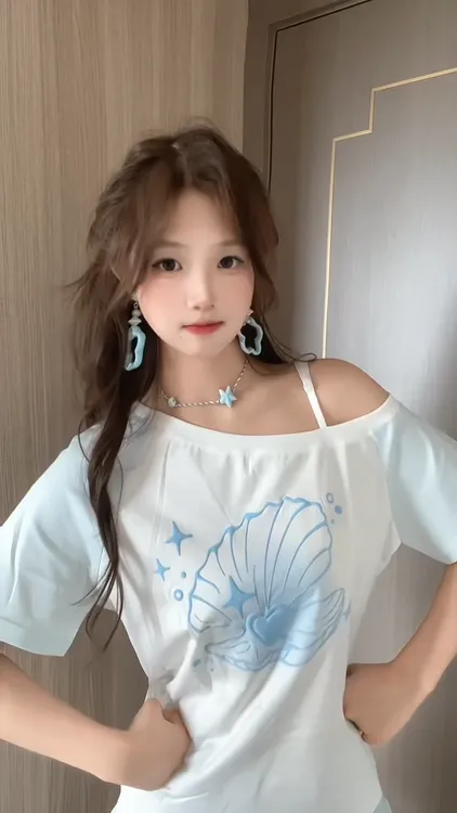 白色短袖t恤女2025新款甜美百搭休闲爱心贝壳蓝白拼接吊带上衣潮