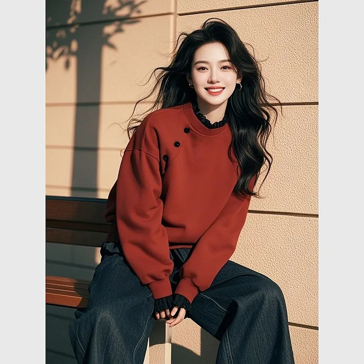 2024冬季新款爆款时尚洋气圣诞新年韩系慵懒风红色半高领套头卫衣