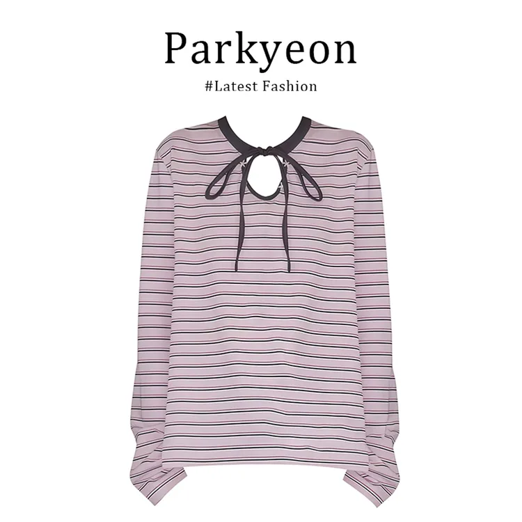 parkyeon粉色条纹圆领T恤女2025秋气质宽松休闲显瘦长袖内搭上衣