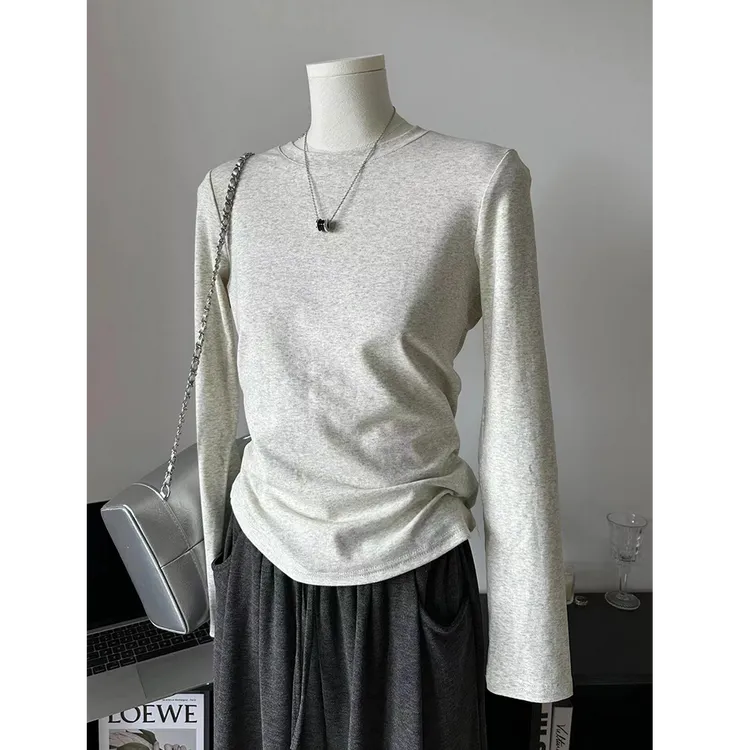 纯色棉质基础正肩长袖t恤上衣女修身显瘦圆领内搭春秋季打底衫