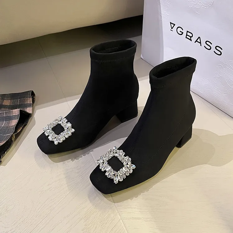 靴子女款爆款新款方头粗跟百搭短靴女水钻短靴瘦瘦靴气质高跟穿搭