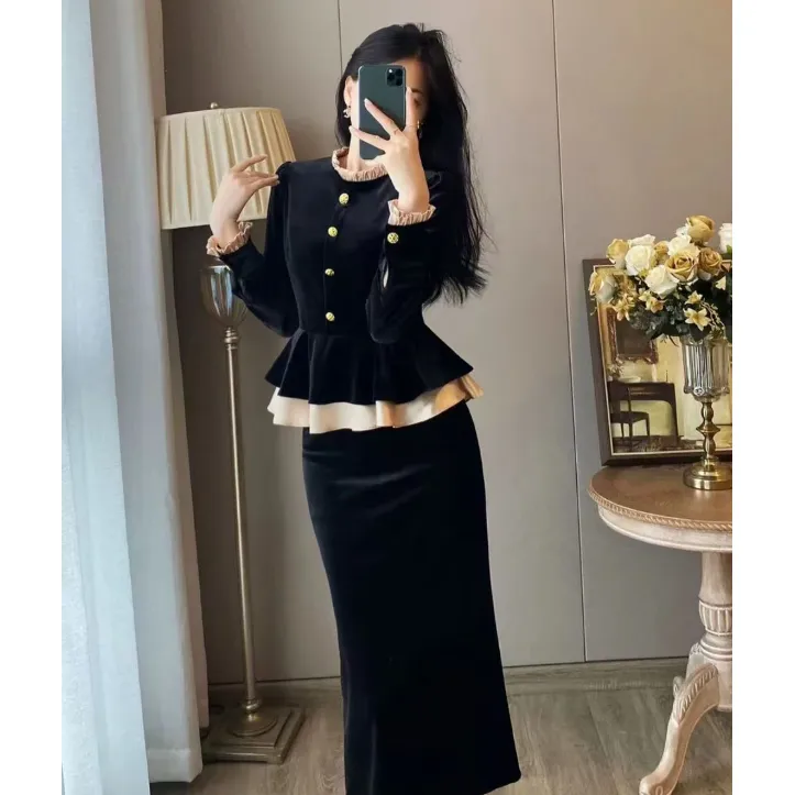 (谭老五)胖妹妹秋装时尚连衣裙女高级感黑色假两件气质显瘦裙9162