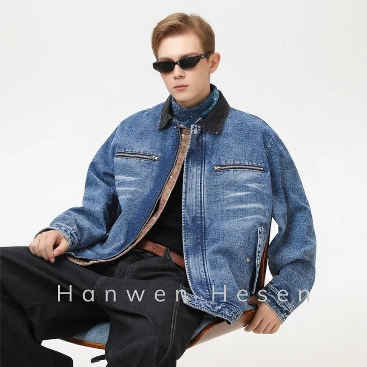 Hanwen Hesen翻领夹克秋季冬季防风拼接水洗牛仔夹克复古口袋