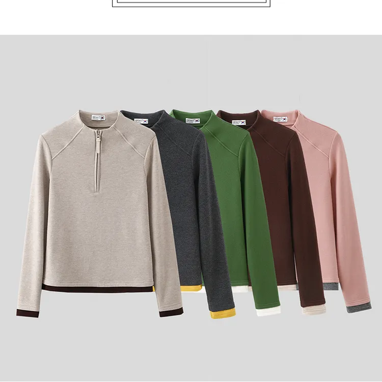 秋冬磨毛远红外发热保暖半拉链女款拼色长袖显瘦德绒打底