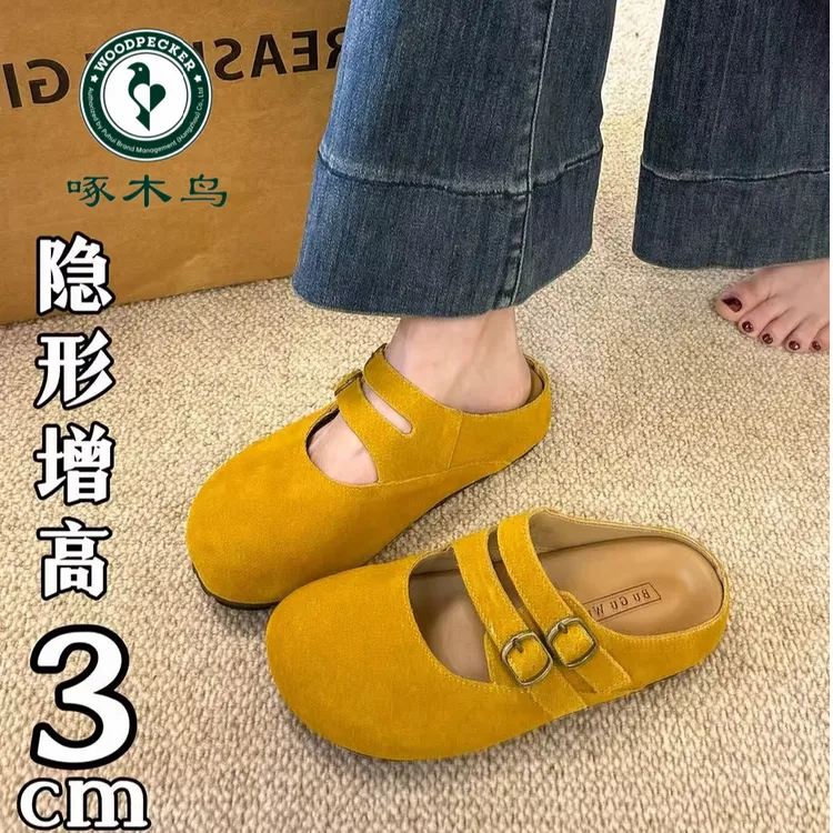 啄木鸟内增高3cm勃肯鞋2025春新款一脚蹬包头半拖鞋丑萌厚底单鞋