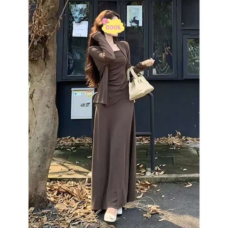 大码法式长袖外套气质绝美吊带背心高腰半身裙套装90308#