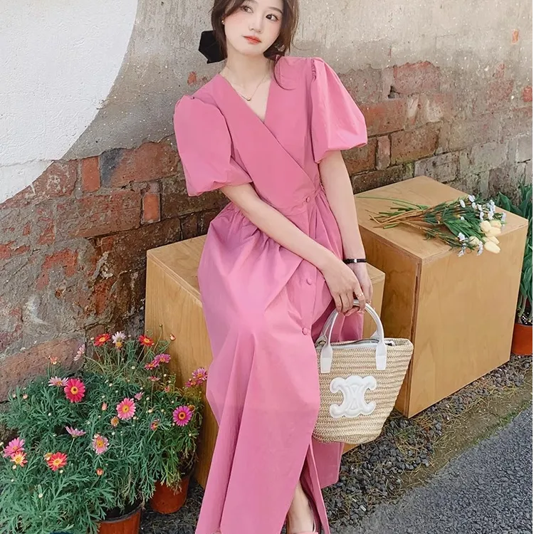 霍文萨列粉色法式浪漫v领连衣裙女2025春夏新款气质高端轻奢茶歇