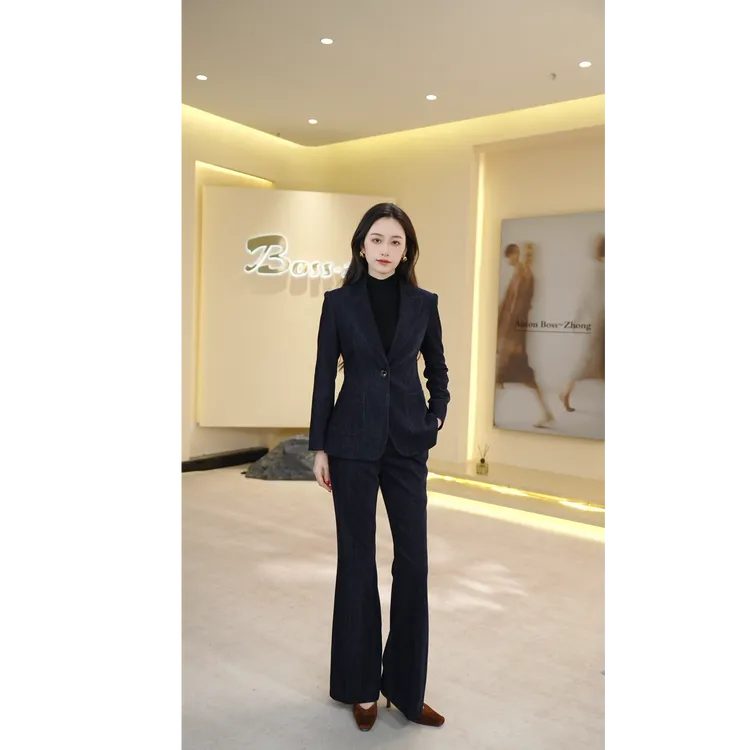 钟老板藏青色雪尼尔西装套装女2025秋冬新款气质通勤职业正装外套