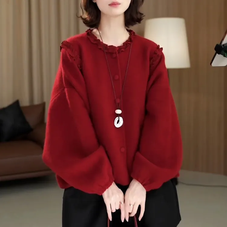 高级感气质木耳边拼接卫衣女2025秋冬新款时尚百搭单排扣上衣1764