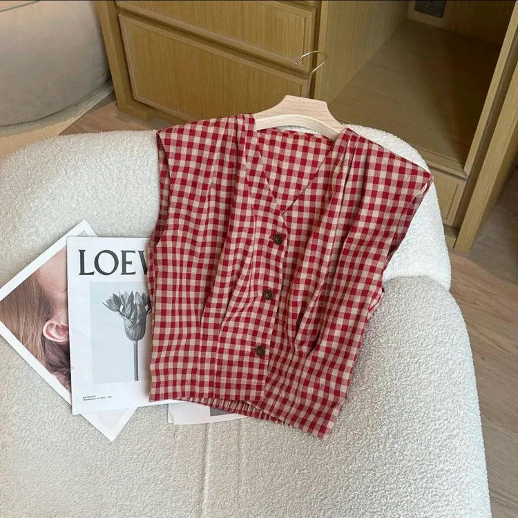 时尚百搭V领褶皱短袖格子衬衫 女2025春夏新款洋气甜美风格衣服