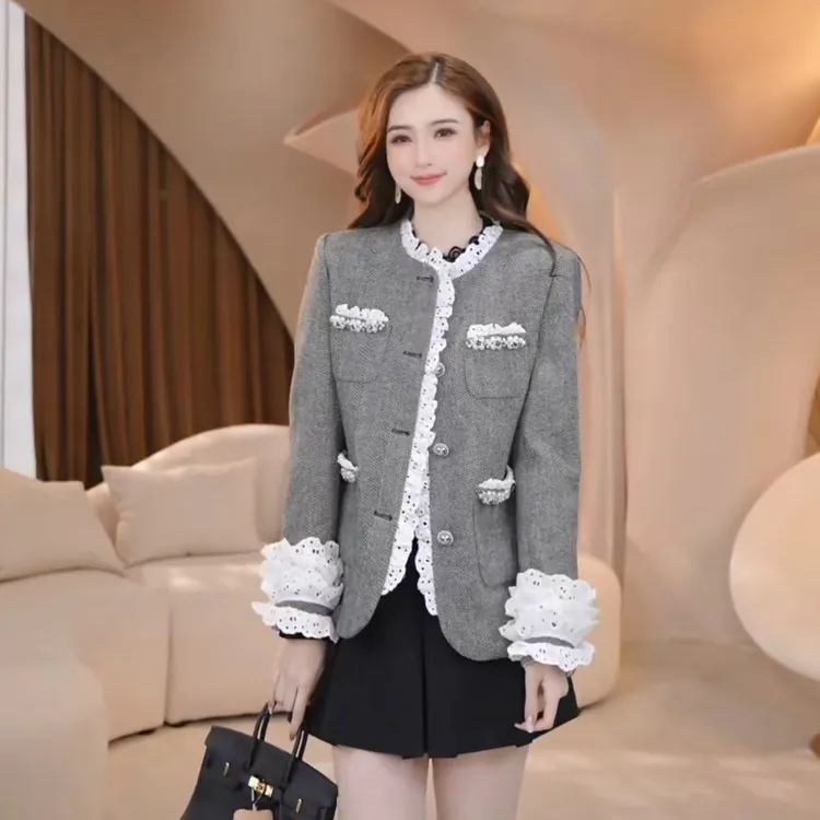 COCO BECCI【洛可可小香】绵羊毛小香风蕾丝拼接外套CFXYC200037