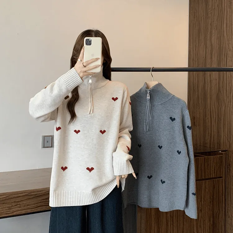 G850#秋冬2025新款胖mm大码女时尚半开领拉链爱心针织毛衣上衣