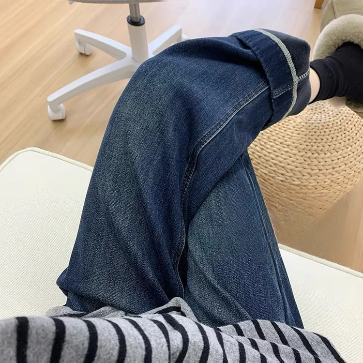 王炸神裤！深蓝色加绒直筒裤女秋冬新款梨形显瘦九分阔腿牛仔裤