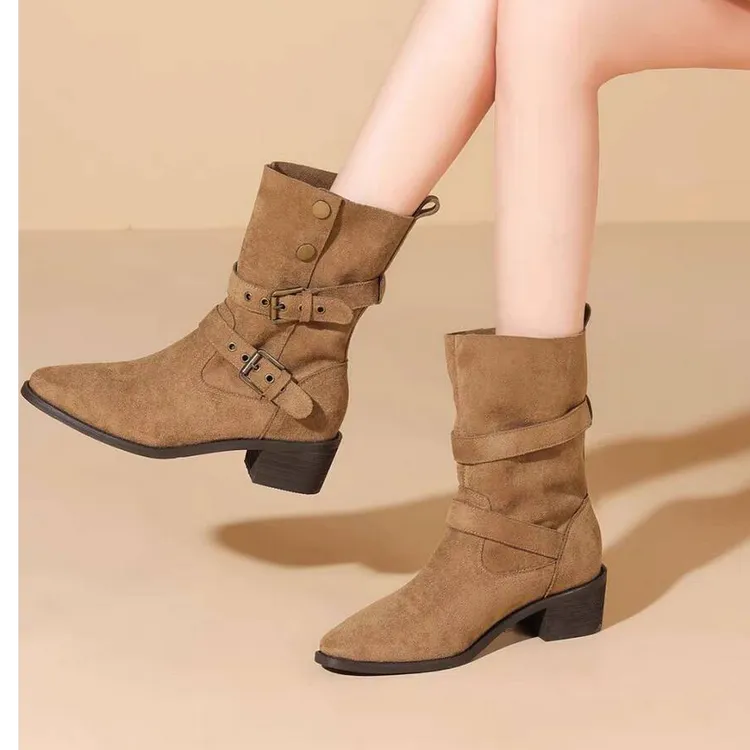 法式粗跟高跟短靴子女2025新款秋冬季爆款美拉德中筒堆堆靴马丁靴