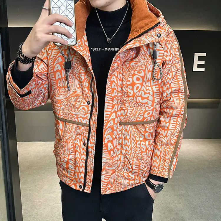 GUNEBOLURWA新款男士连帽字母印花防寒保暖冬季加厚外套羽绒服