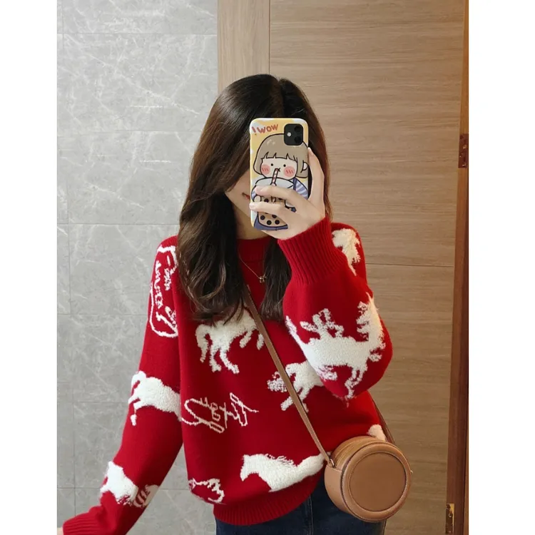 红色本命年穿搭套头毛衣女秋冬季马年独特漂亮打底内搭针织衫上衣