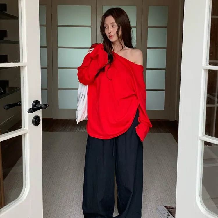 纯色露背斜领长袖T恤女2025春夏设计感正肩时尚宽松显瘦慵懒上衣