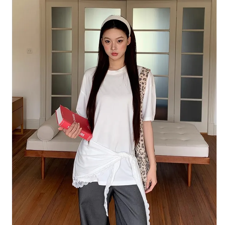 韩系小众不规则蕾丝绑带T恤女夏季休闲设计感宽松慵懒风短袖上衣