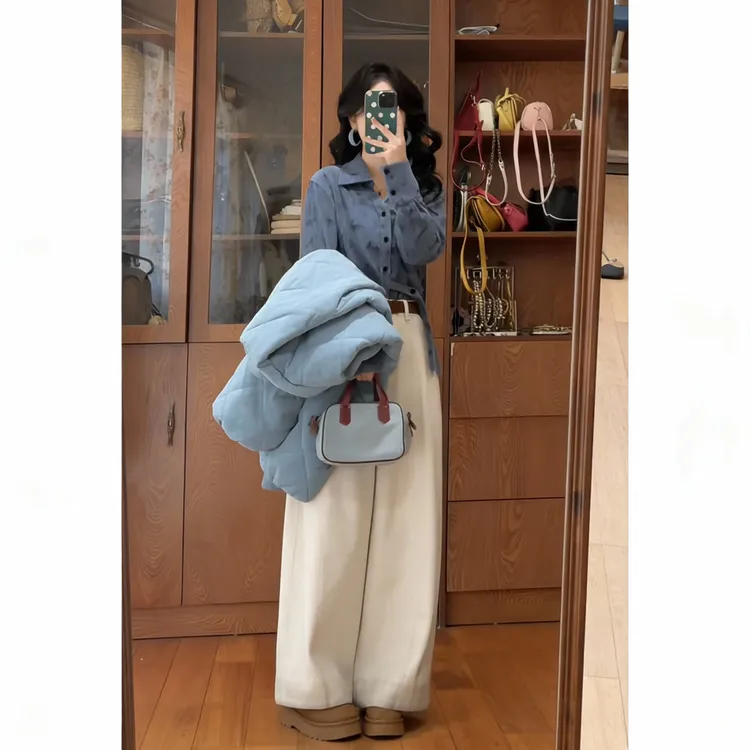 冬季一整套女装2025新款韩版菱格圆领棉服外套碎花衬衫阔腿裤套装