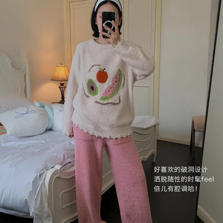半边绒水果派多巴胺青年偏厚长裤睡衣家居服套装慵懒风圆领家居服
