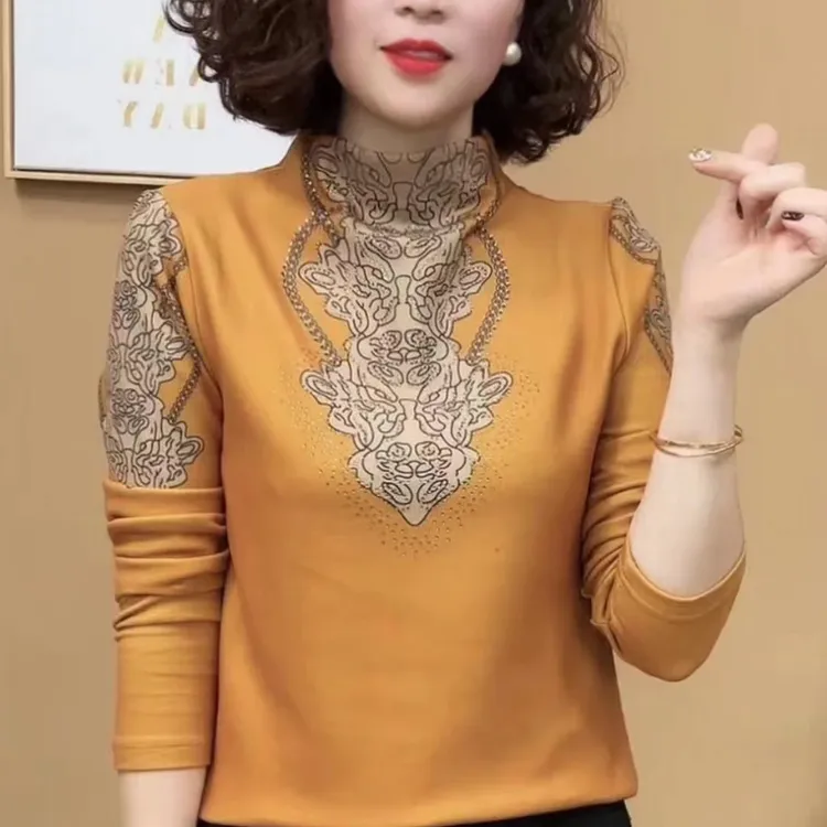 秋冬新款时尚半高领印花打底衫时尚气质百搭修身加绒减龄女士上衣