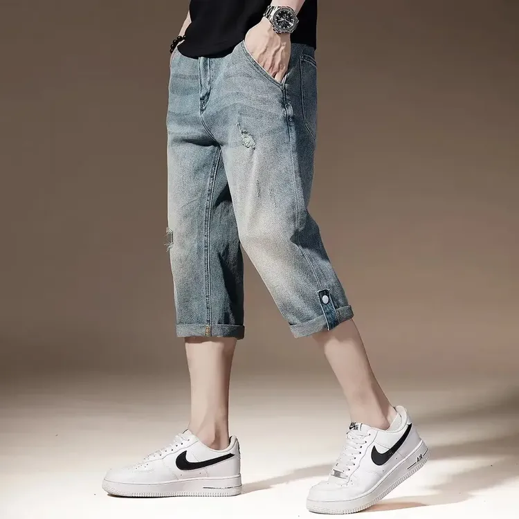 潮流夏季新款薄款宽松直筒休闲裤时尚百搭中裤男士水洗牛仔七分裤