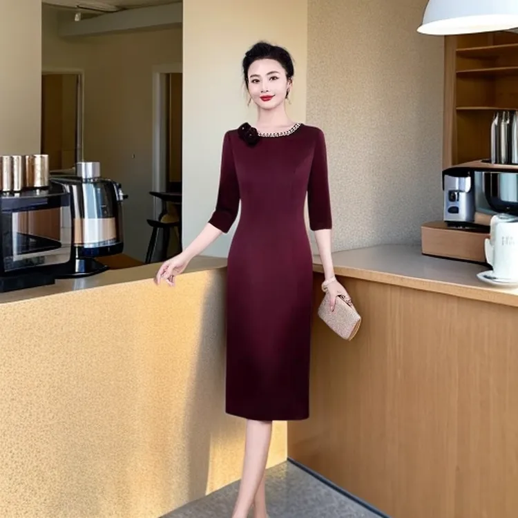 2025秋婚礼气质高端醋酸缎喜婆婆礼服裙高贵妈妈婚宴装年轻修身L