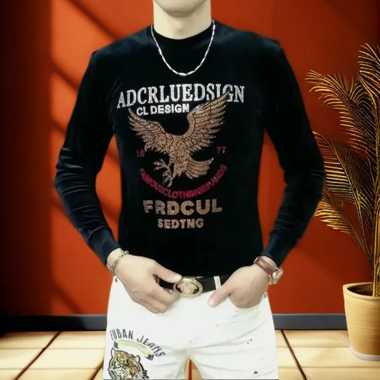 男士秋冬季新款时尚潮流轻奢高品质烫钻雄鹰休闲长袖修身打底卫衣