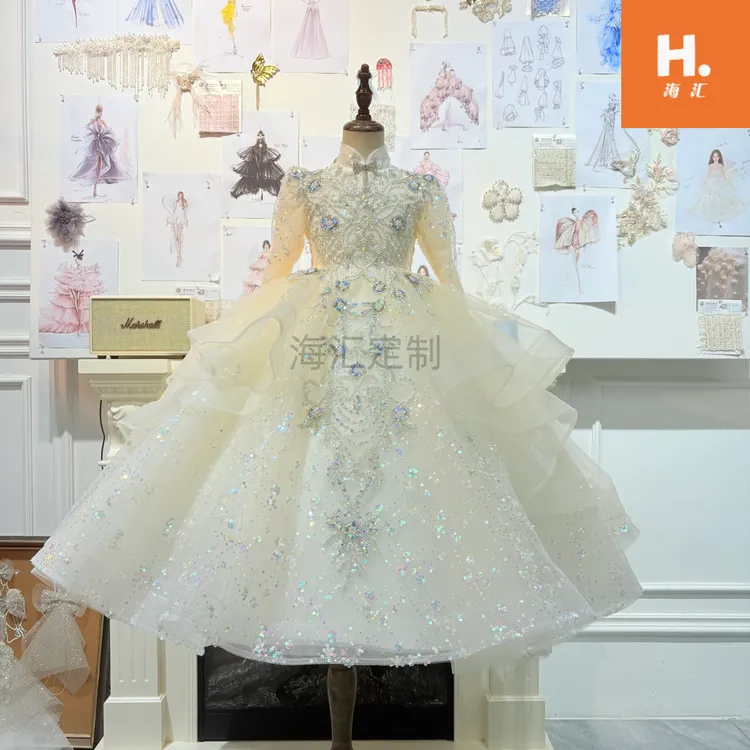 【玉海棠】秋冬香槟长袖女童主持人现货生日演讲上台花童儿童礼服