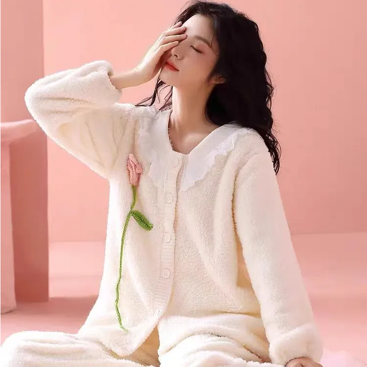 德国泡泡绒加绒加厚郁金香睡衣套装女文艺简约蕾丝花边居家服