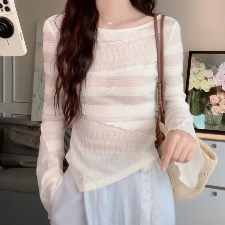 立体珍珠纱条纹肌理一字领慵懒防晒长袖上衣2025夏季新款显瘦t恤