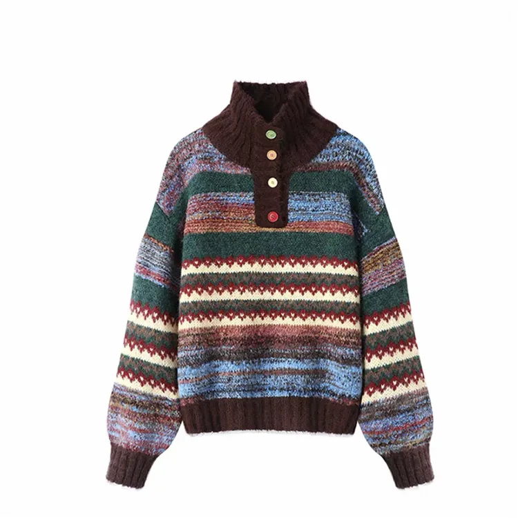 费尔岛条纹撞色高领毛衣女秋冬学院风内搭慵懒风加厚针织上衣