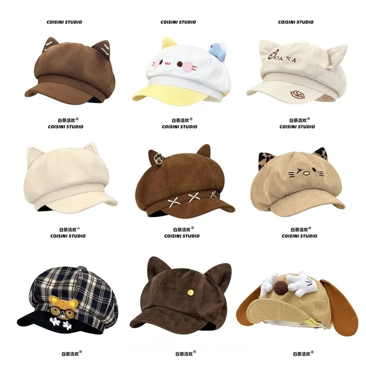 日系可爱毛呢猫耳朵贝雷帽女春秋百搭显脸小鸭舌八角帽工作帽子潮