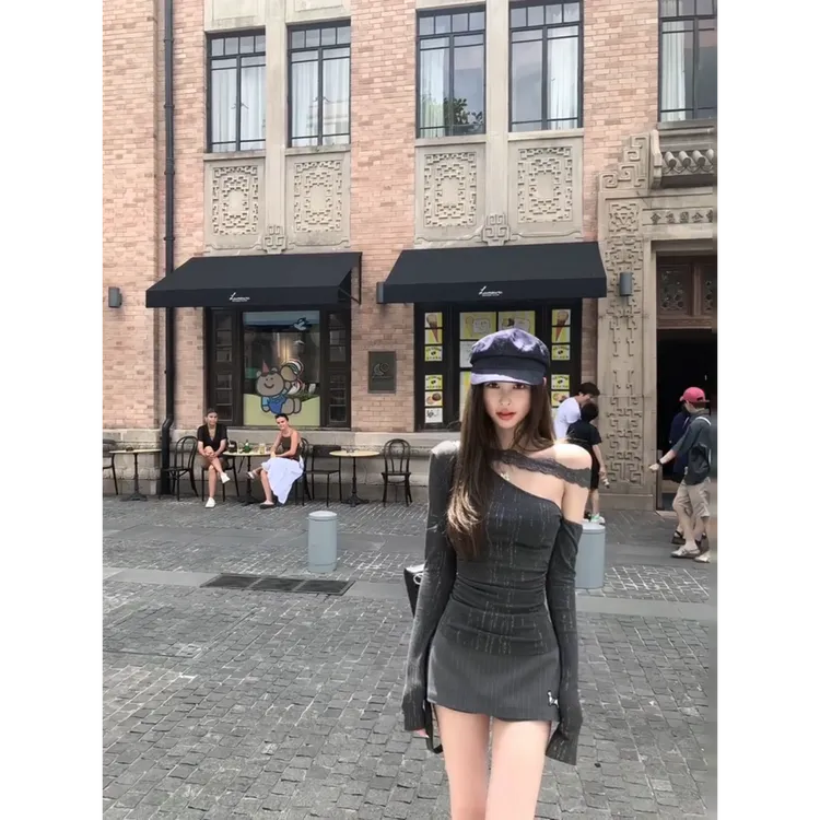 MARIE.COCO纯欲风不规则蕾丝斜肩长袖上衣女高腰显瘦a字型半身裙