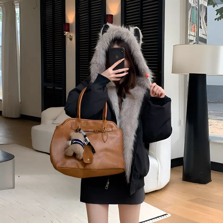 黑色座山雕毛毛外套女2025新款冬装加绒加厚韩版宽松棉衣学生棉服